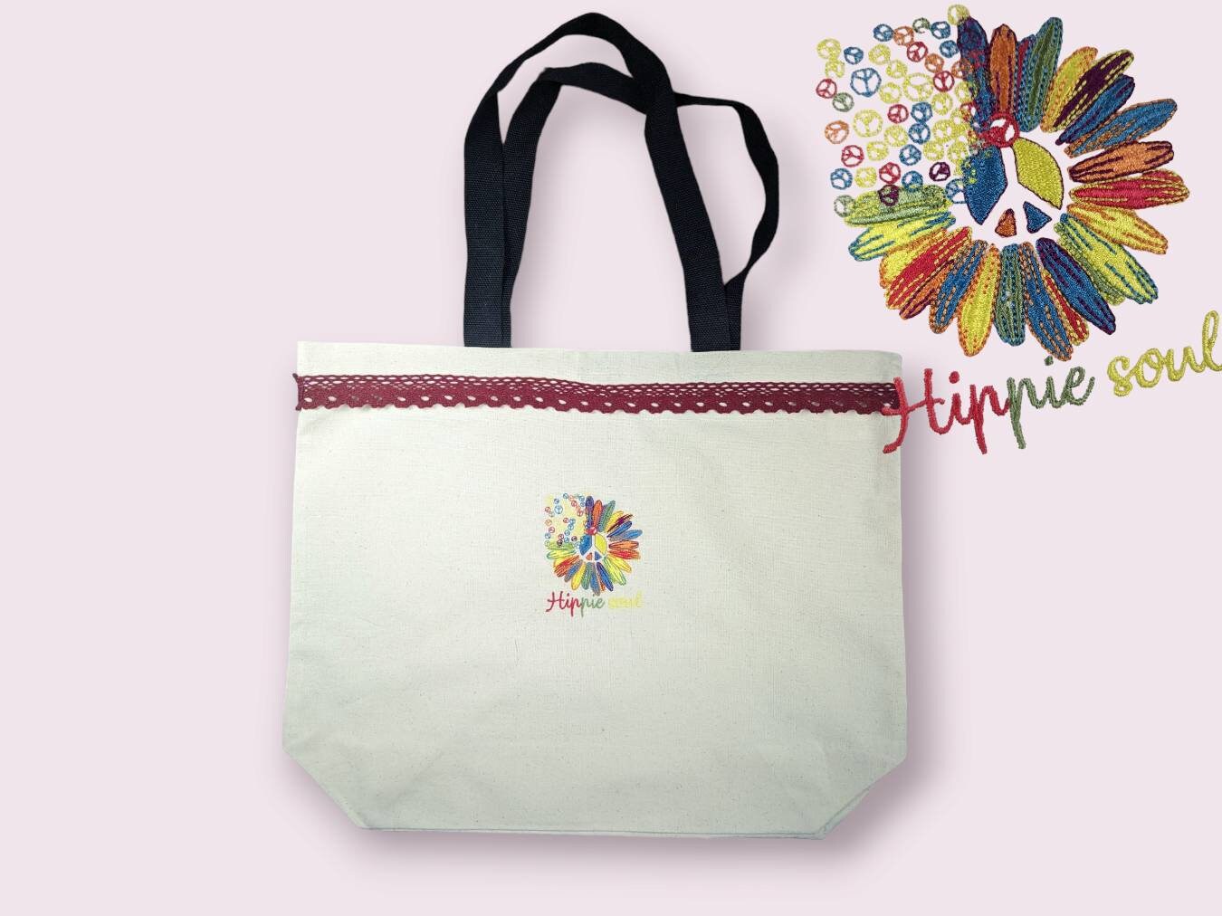 Embroidered tote bag, hippie tote bag, peace sign embroidery, bohemian tote bag, XL tote bag, good vibes, positive vibes, free spirit tote