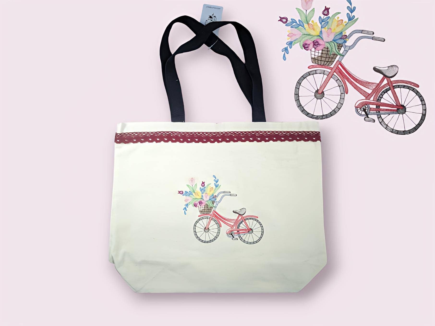 Embroidered tote bag, XL tote bag, spring tote bag, kawaii tote bag, spring flower tote bag, wild flower bag, bicycle bag, reusable tote bag